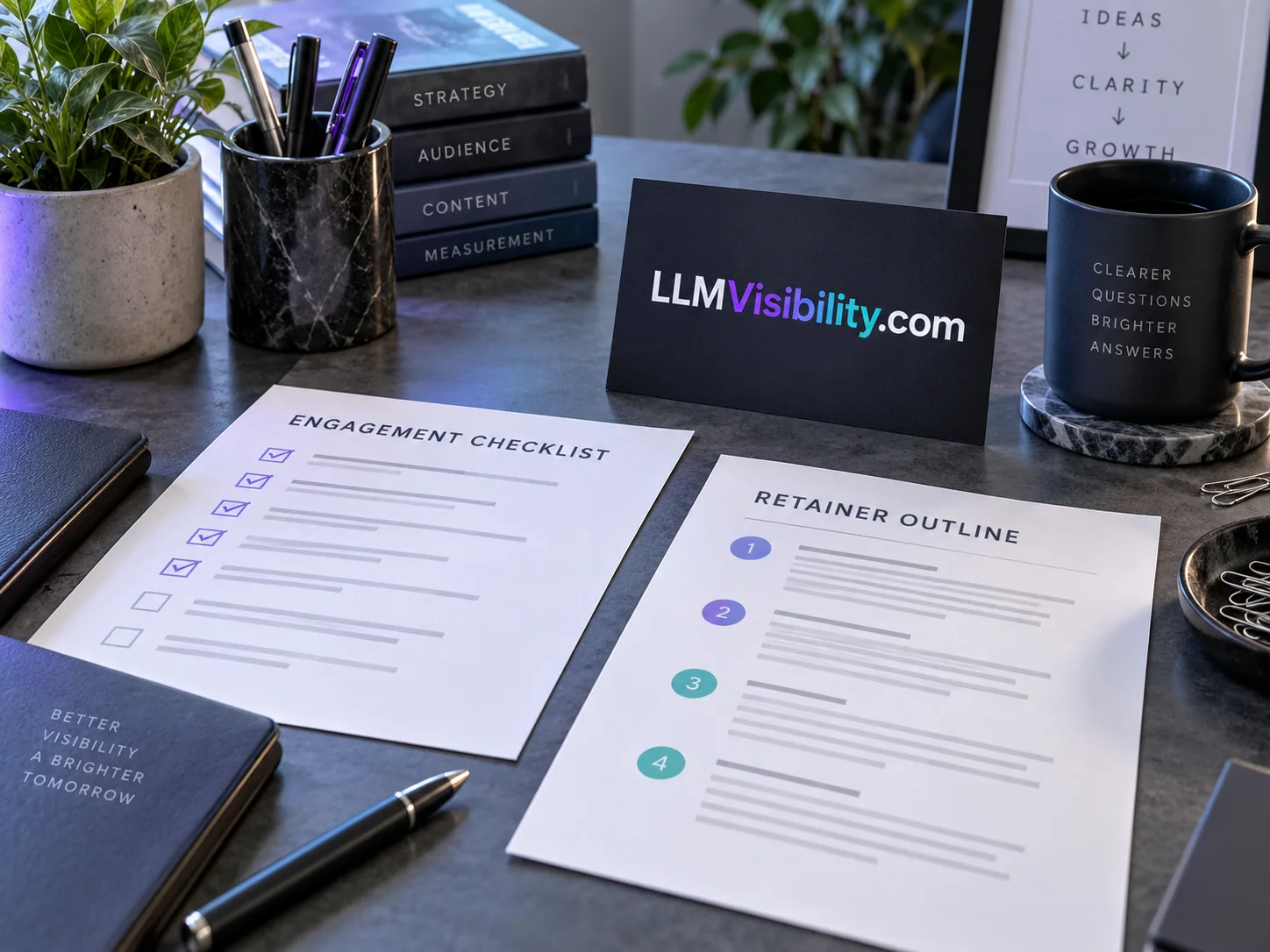 Physical LLMVisibility.com concept for an agency desk for llm visibility work