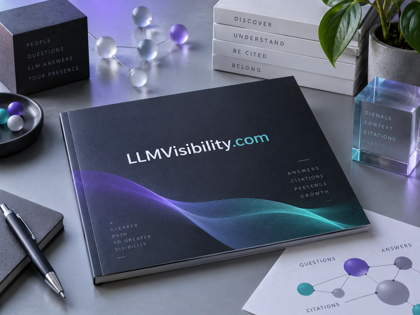 Physical LLMVisibility.com concept for a brand answer-presence suite