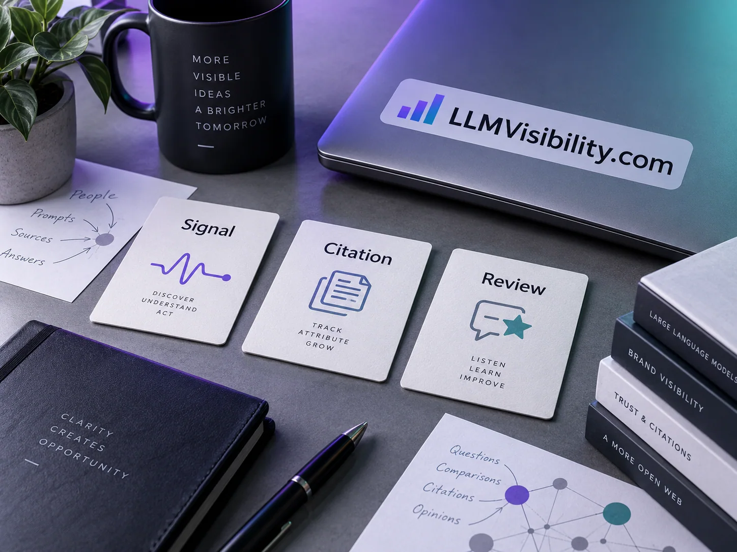 Physical LLMVisibility.com concept for an llm visibility / geo monitoring product