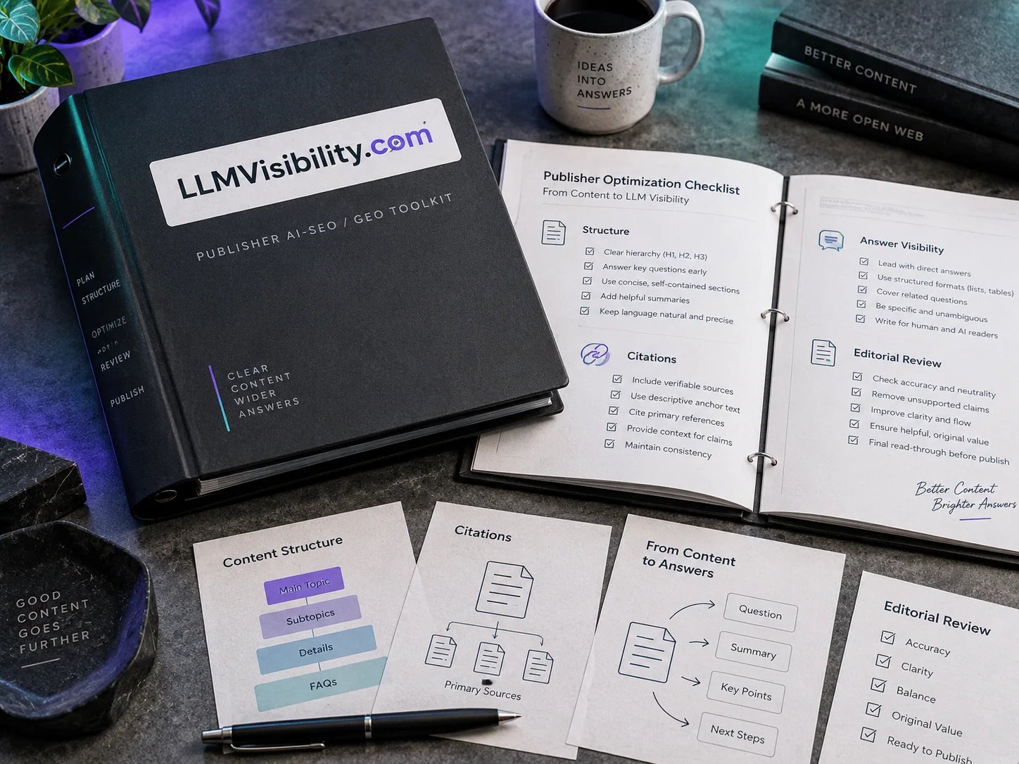 Physical LLMVisibility.com concept for a publisher ai-seo / geo toolkit